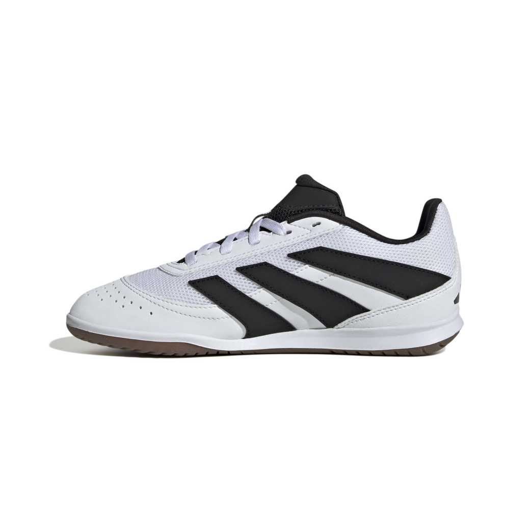 Chuteira Adidas Predator Club Jr7026 branca infantil vista medial com detalhes em preto e amarelo